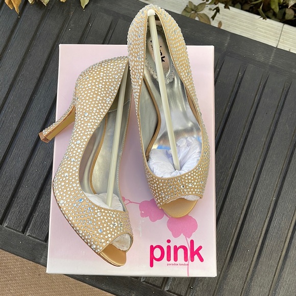 Pink Paradox London - Celebrate - Champagne Satin & Rhinestone Peep Toe Heels 8 - Picture 4 of 17